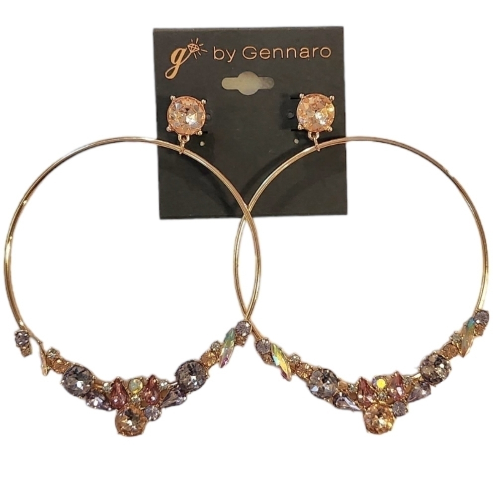 g by Gennaro Large Hoop Gold Tone Pastel Crystal Glass Statement Earrings